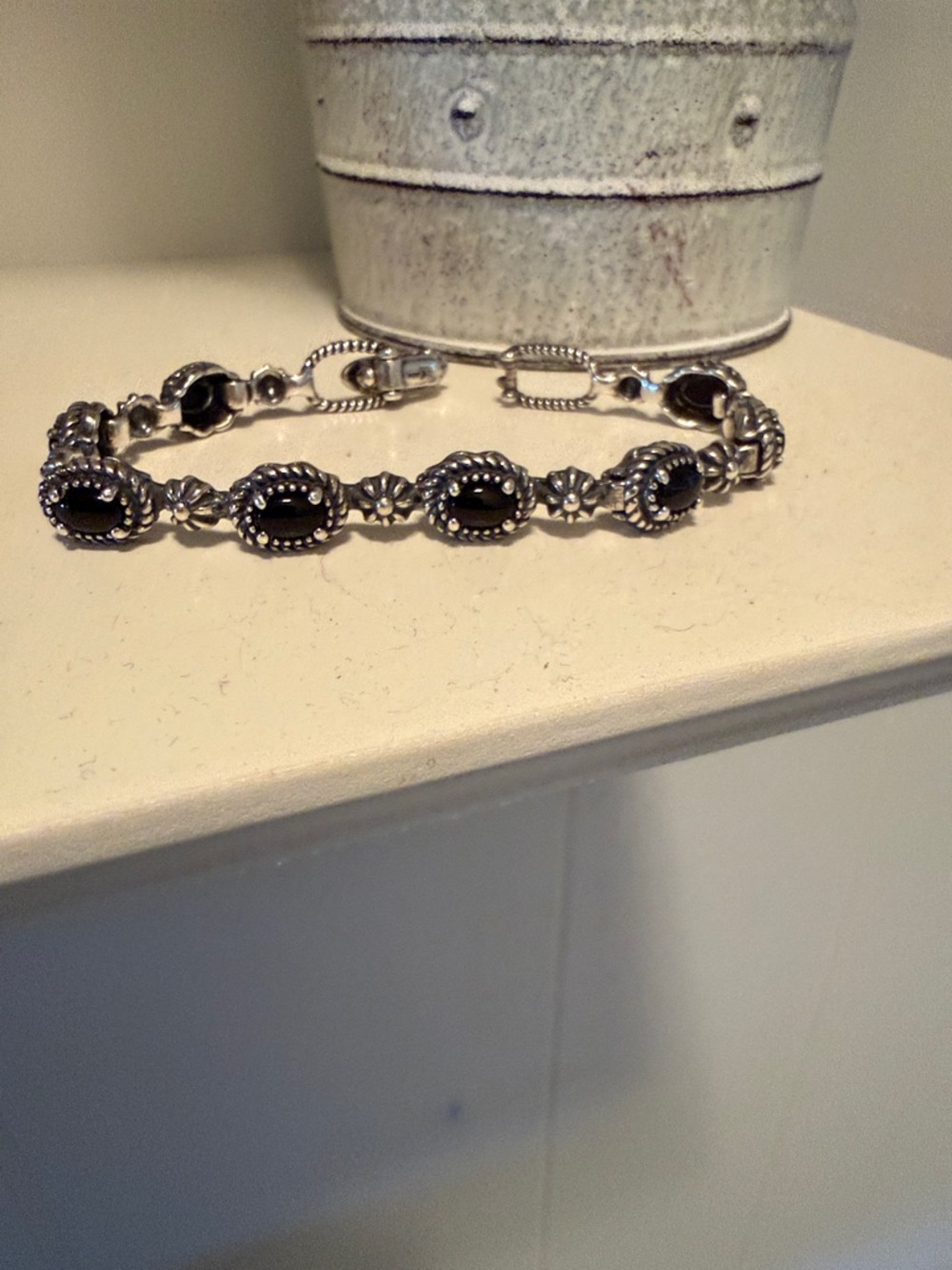 American West Sterling-Style Black Onyx Floral Link Bracelet 6-3/4 L